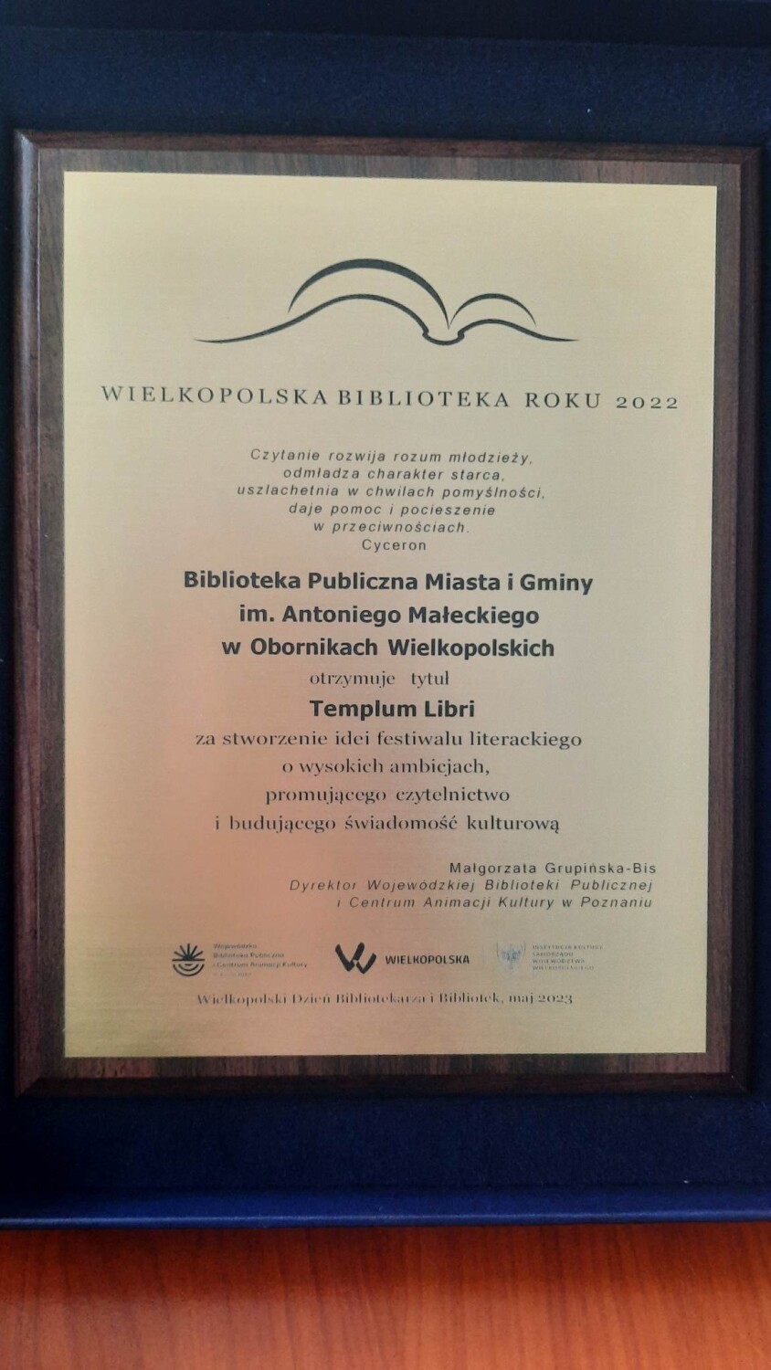Biblioteka Publiczna w Obornikach wśród najlepszych Wielkopolskich Bibliotek Roku 2022