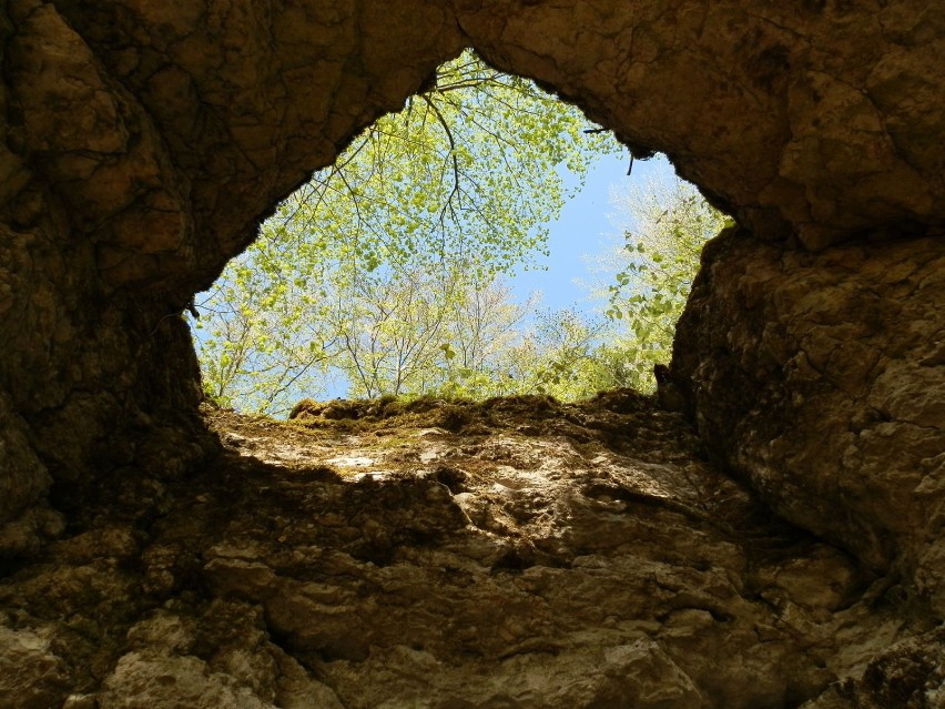 Widok przez dziurę w suficie jaskini - w piękny słoneczny...