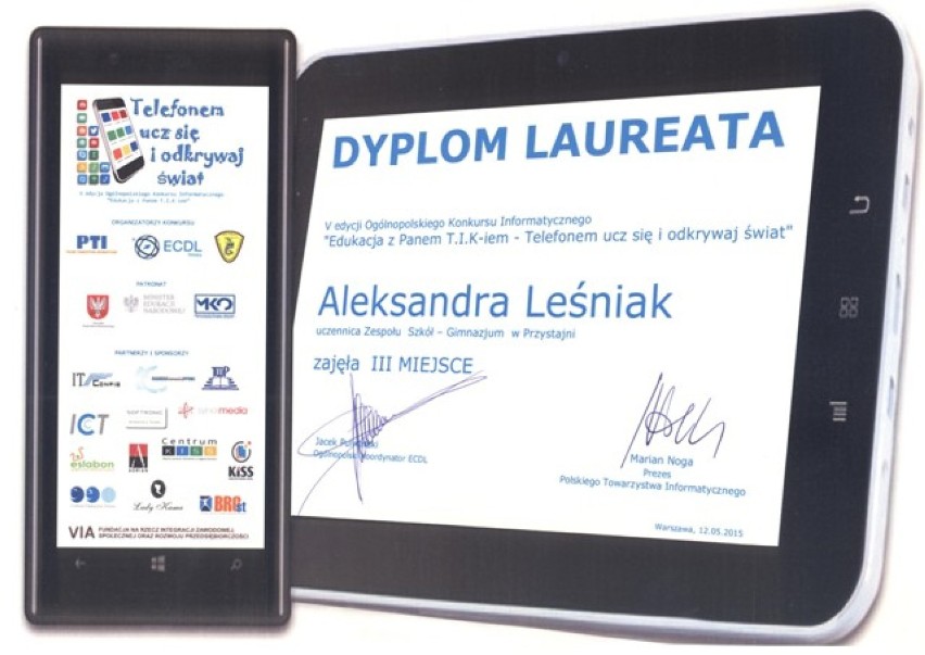 Aleksandra Leśniak została laureatką Ogólnopolskiego Konkursu „Telefonem ucz się i odkrywaj świat!”