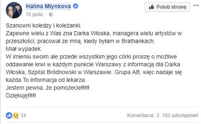 Halina Mlynkova prosi o pomoc dla managera. Pilnie potrzebna...