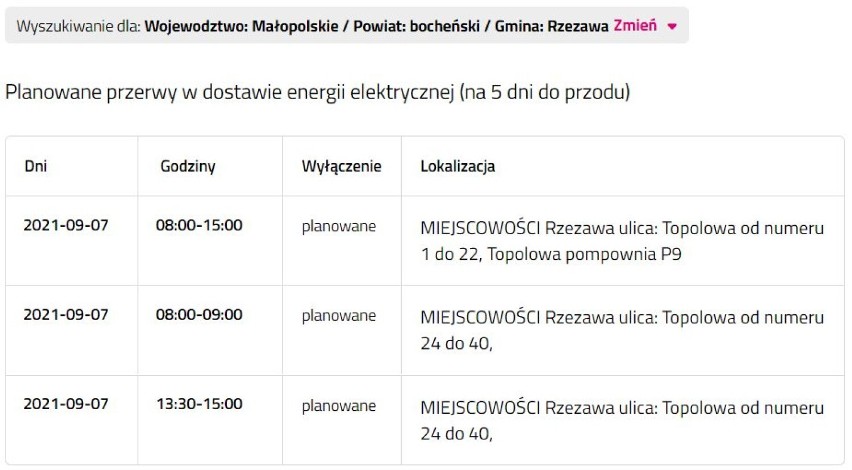 Wyłączenia prądu w powiecie bocheńskim i brzeskim, 6.09.2021