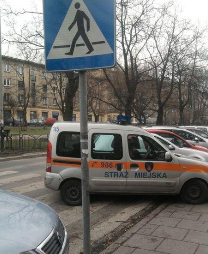 Źle zaparkowany radiowóz straży miejskiej przy ul. Daszyńskiego.