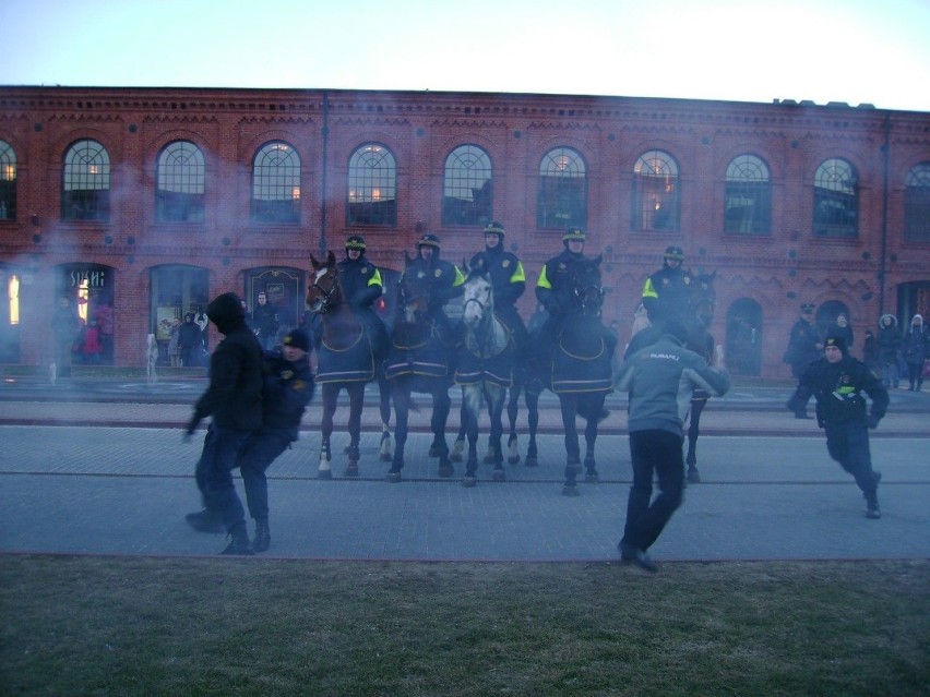 Konie straży miejskiej ćwiczą rożne sytuacje. Na zdjęciu: Po...