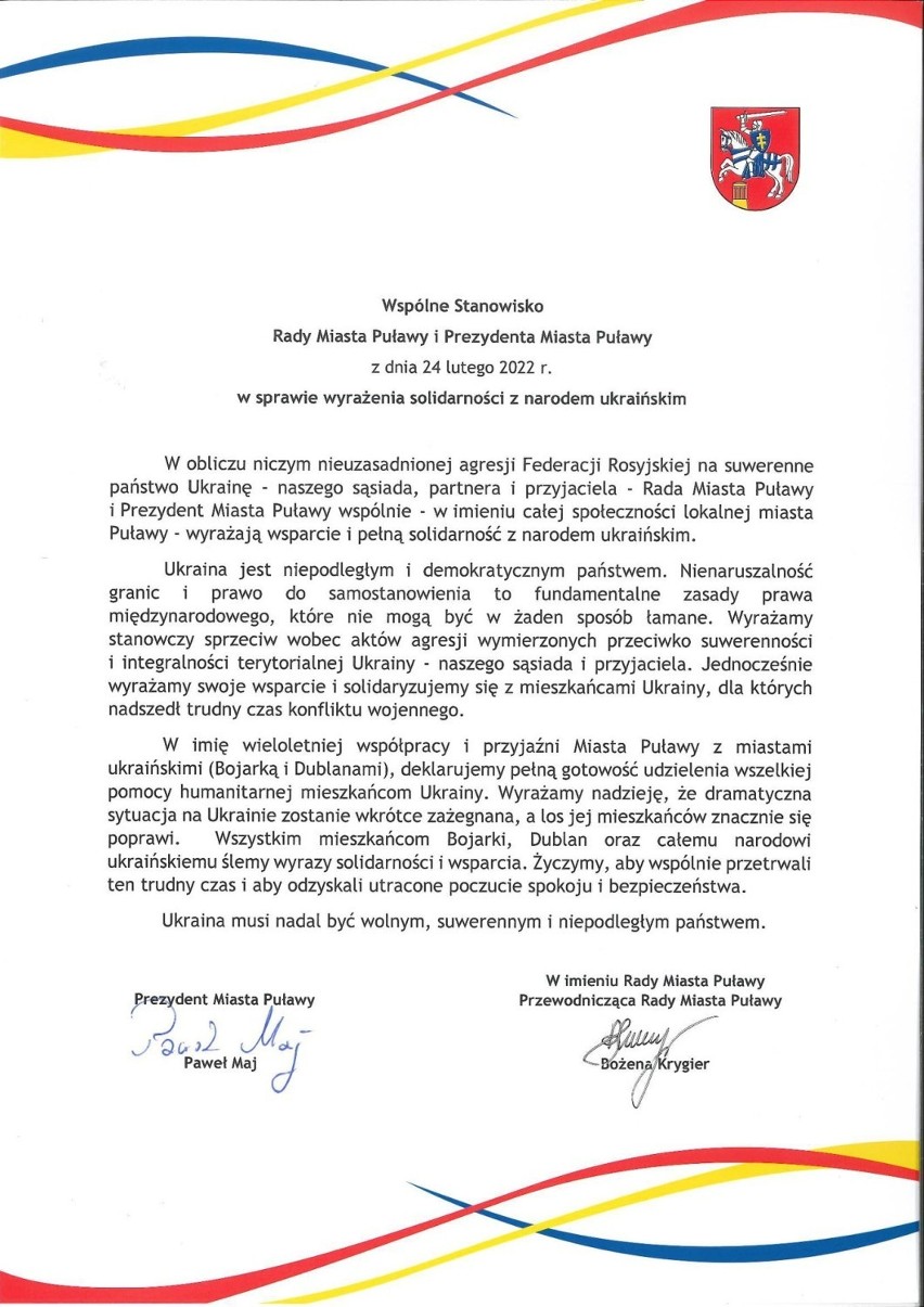 Prezydent i rada miasta Puławy wspierają Ukrainę