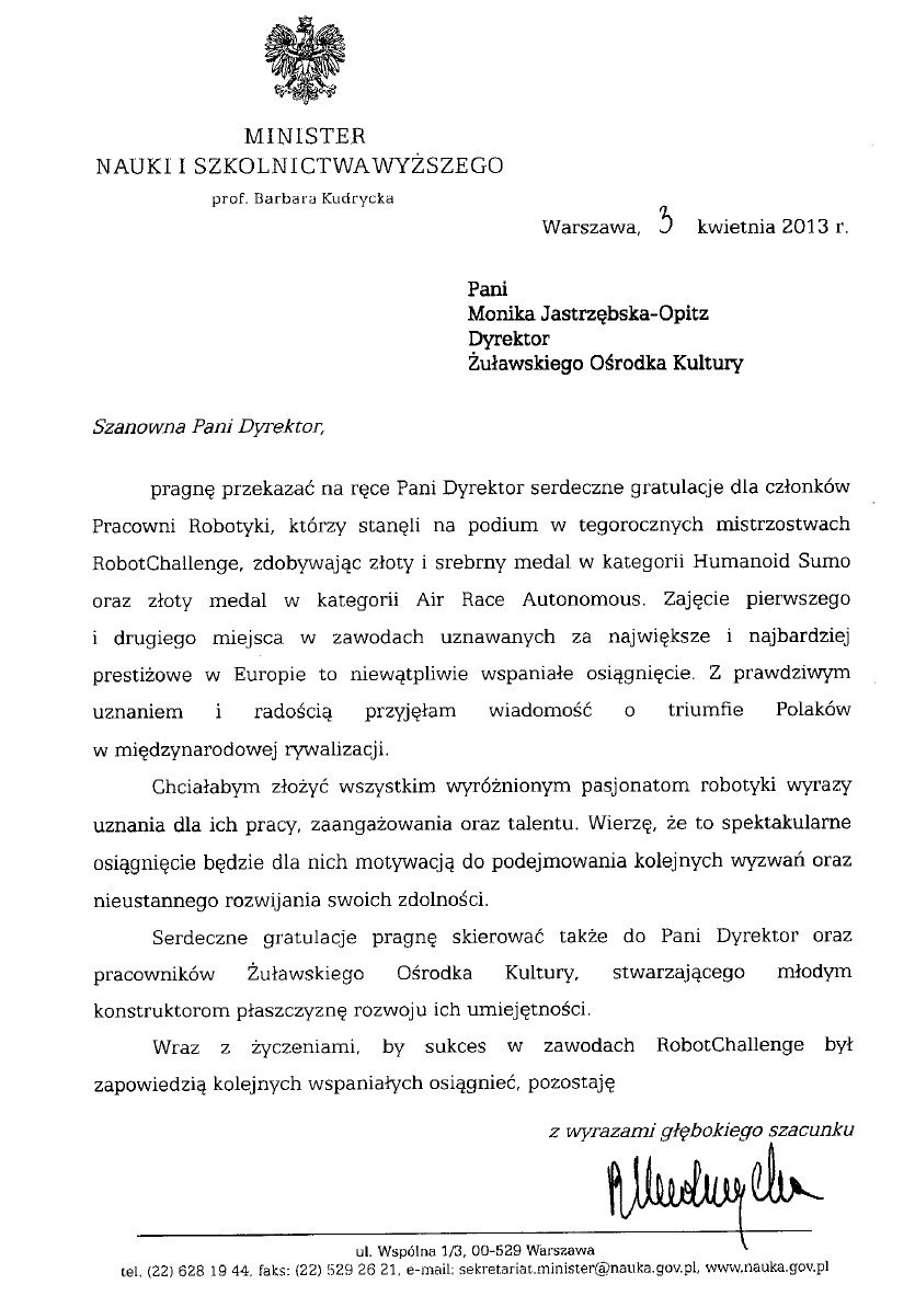 Robotycy z Nowego Dworu Gdańskiego otrzymali list od Barbary Kudryckiej, minister nauki