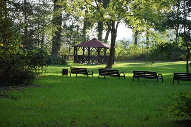 park Folwarczny w Lubieszowie jesienią w słoneczny dzień.
