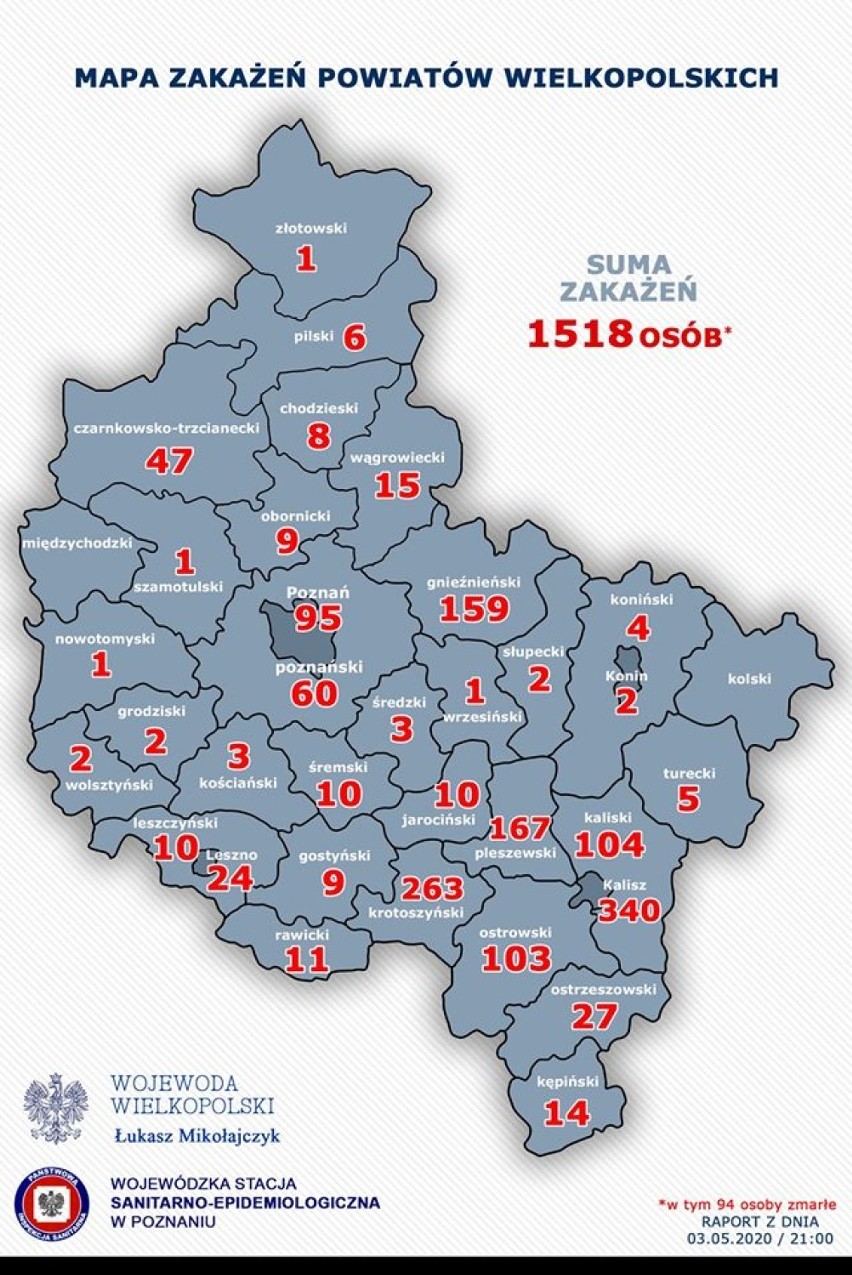 Mapa zakażeń powiatów wielkopolskich - stan na niedzielę 3 maja godz. 21.30