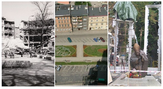 Od lewej: plac w roku 1977 (rozbiórka budynku, który stał na placu), w latach 90 i w roku 2014, gdy montowano tzw. święte drzwi