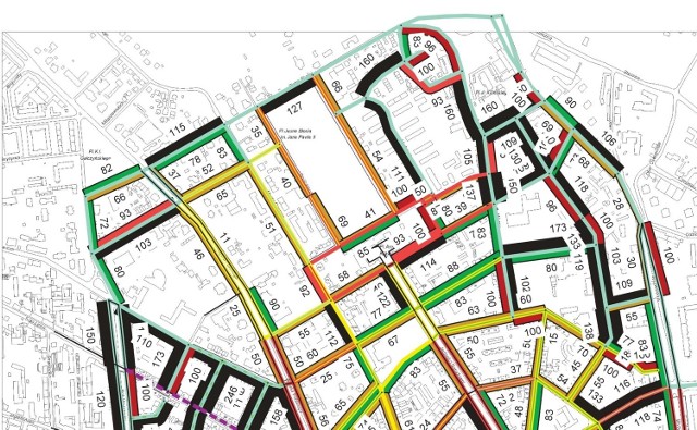 Mapa pokazuje stopień zapełnienia ulic samochodami w centrum Szczecina. Kolor czerwony oznacza od 95 do 100 proc. Czarny – brak miejsc. Źródło: Pracownia Inżynierii Komunikacyjnej - Badania i analizy funkcjonowania Strefy Płatnego Parkowania. Maj – lipiec 2015