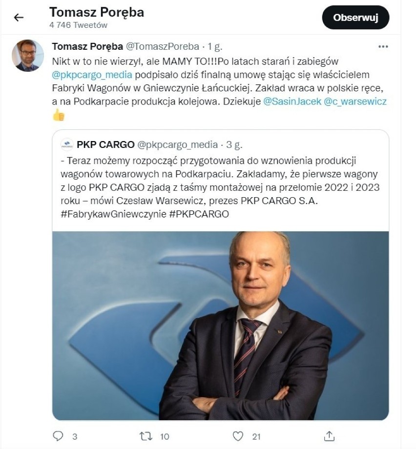 Mamy to! – napisał na Twitterze europoseł Tomasz Poręba