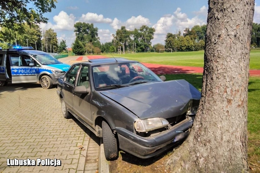SULECHÓW. Pijany kierowca wjechał na stadion. Podczas próby ucieczki uderzył w drzewo [ZDJĘCIA]