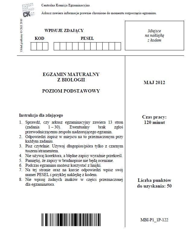 Matura 2012: biologia - poziom podstawowy [ARKUSZE]