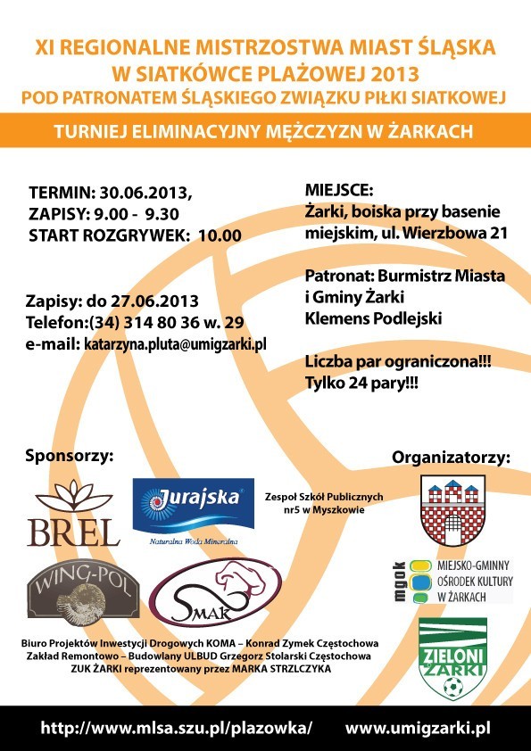 Plakat eliminacji Mistrzostw Miast w siatkówce plażowej Żarki 2013