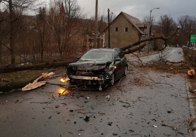 Ulica Kościuszki w Stroniu Śląskim, drzewo spadło na samochód