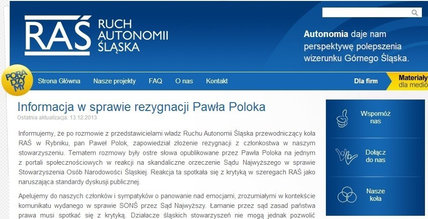 Ruch Autonomii Śląska pożegnał się z Pawłem Polokiem za...