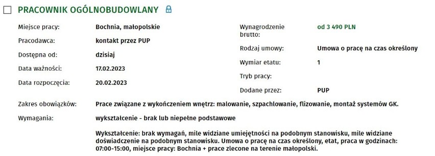 Oferty pracy Powiatowego Urzędu Pracy w Bochni, luty 2023