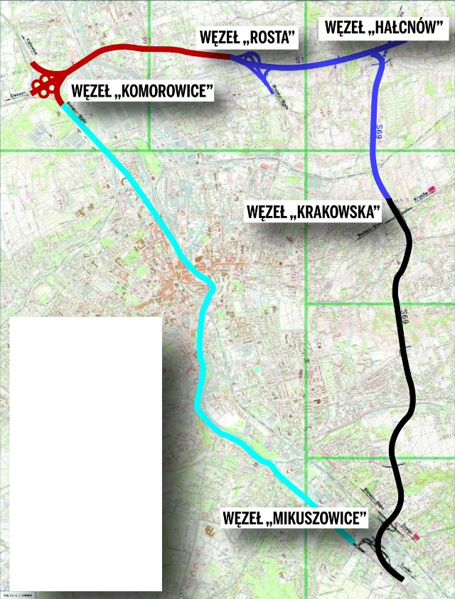 Do tej pory, żeby dostać się do Szczyrku czy Żywca, trzeba było jechać przez centrum miasta (linia niebieska). Teraz wystarczy na węźle Komorowice dostać się na obwodnicę (linie czerwona, fioletowa i czarna), by po przejechaniu około 11 km znaleźć się na rogatkach Bielska-Białej.