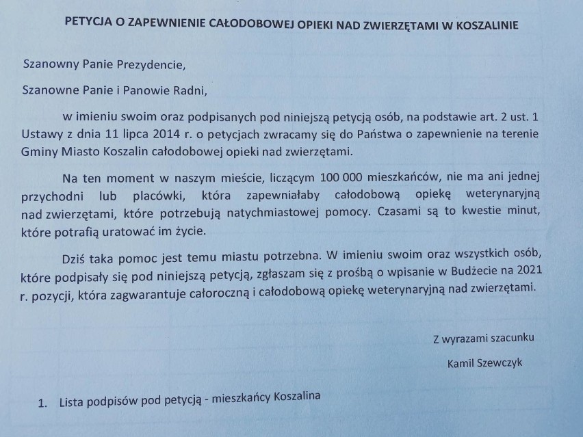 Petycja do prezydenta Koszalina.