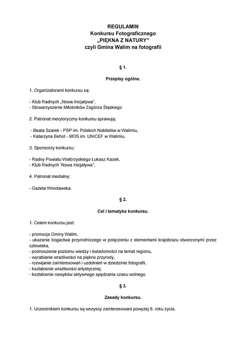 Regulamin konkursu pt. „Piękna z natury”, czyli Gmina Walim...