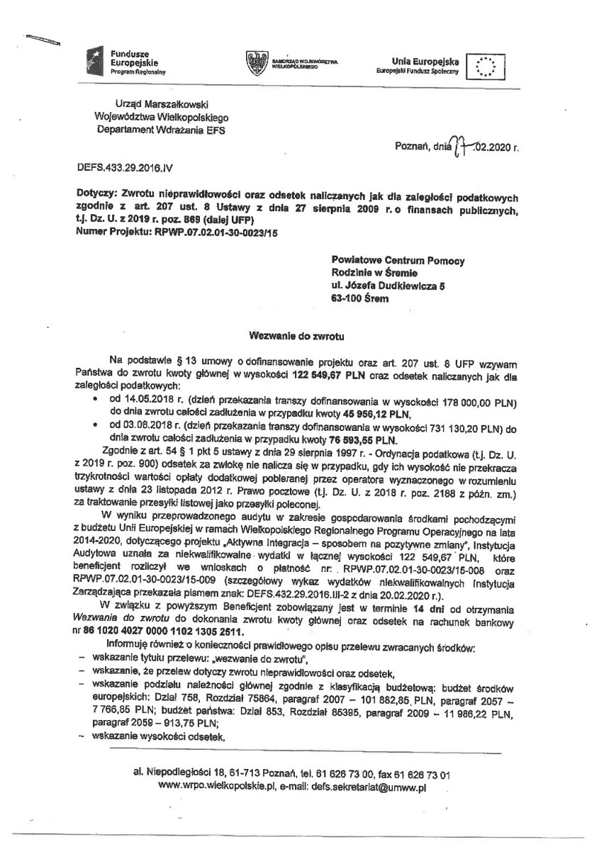 E-Sesja Powiatu Śremskiego - wezwanie do zwrotu dotacji z...