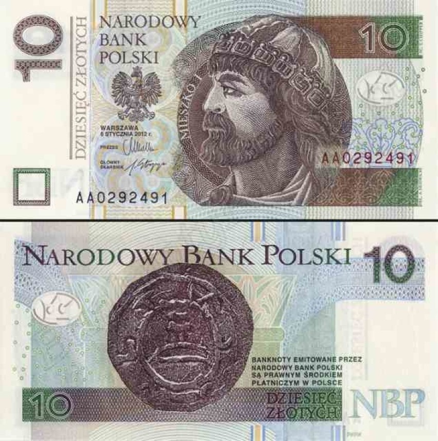 Banknot o nominale 10 złotych zdobi portret księcia Mieszka...