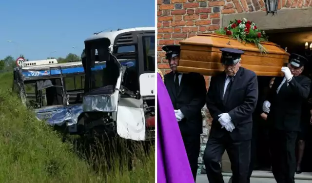Po lewej zdjęcie po zderzeniu autobusu MPK i autokaru, po prawej pogrzeb zmarłego kierowcy