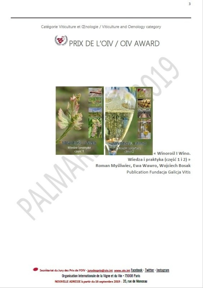 Jasielskie podręczniki dla winiarzy nagrodzone przez Międzynarodową Organizację Winorośli i Wina OIV w Paryżu