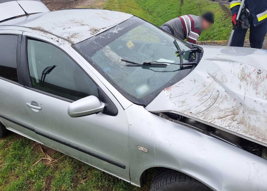 Wypadek na drodze krajowej nr 77 w Zadąbrowiu koło Przemyśla. Dachował młody kierowca seata [ZDJĘCIA]