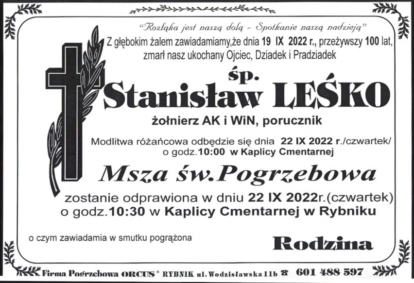 Odszedł na wieczną wartę por. Stanisław Leśko,  żołnierz ZWZ–AK oraz WiN