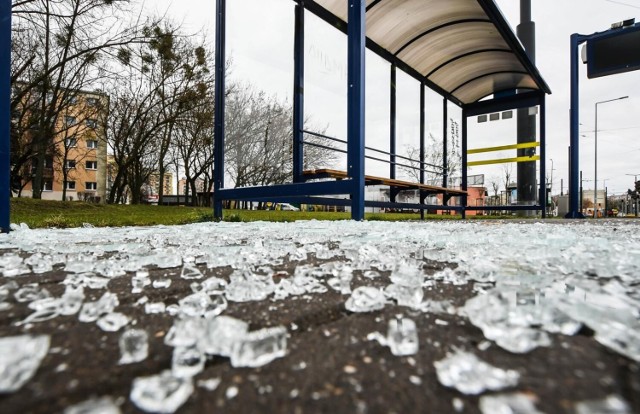 Tak jeszcze w poniedziałek (13 lutego) wyglądała sytuacja na przystanku tramwajowym przy ul. Szarych Szeregów. Wybita szyba w wiacie po ataku wandala rozsypała się w drobny mak.