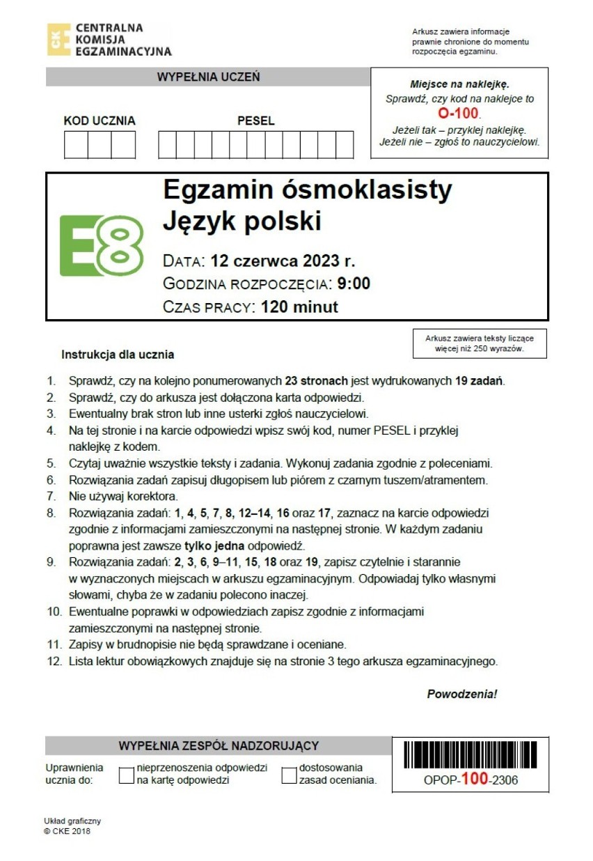Arkusz CKE - egzamin ósmoklasisty z języka polskiego 2023