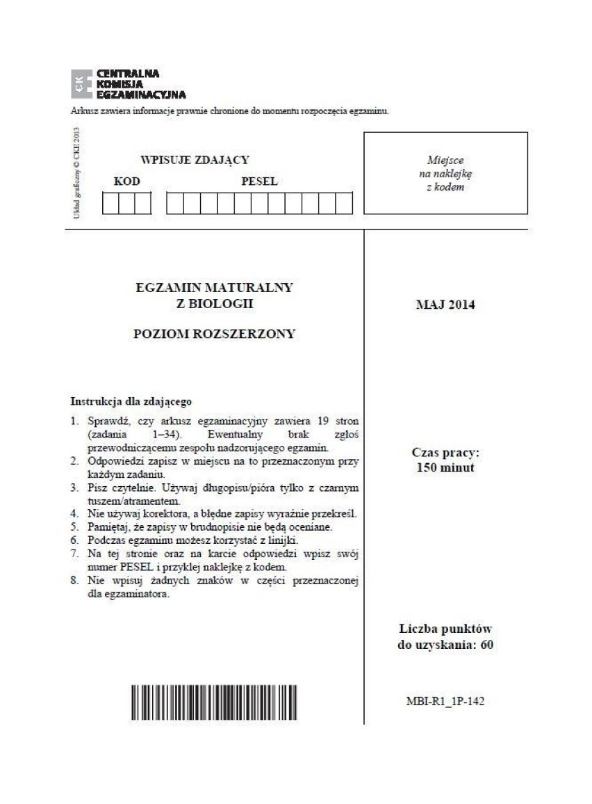 Matura 2014 Biologia - ODPOWIEDZI I ARKUSZE - poziom...