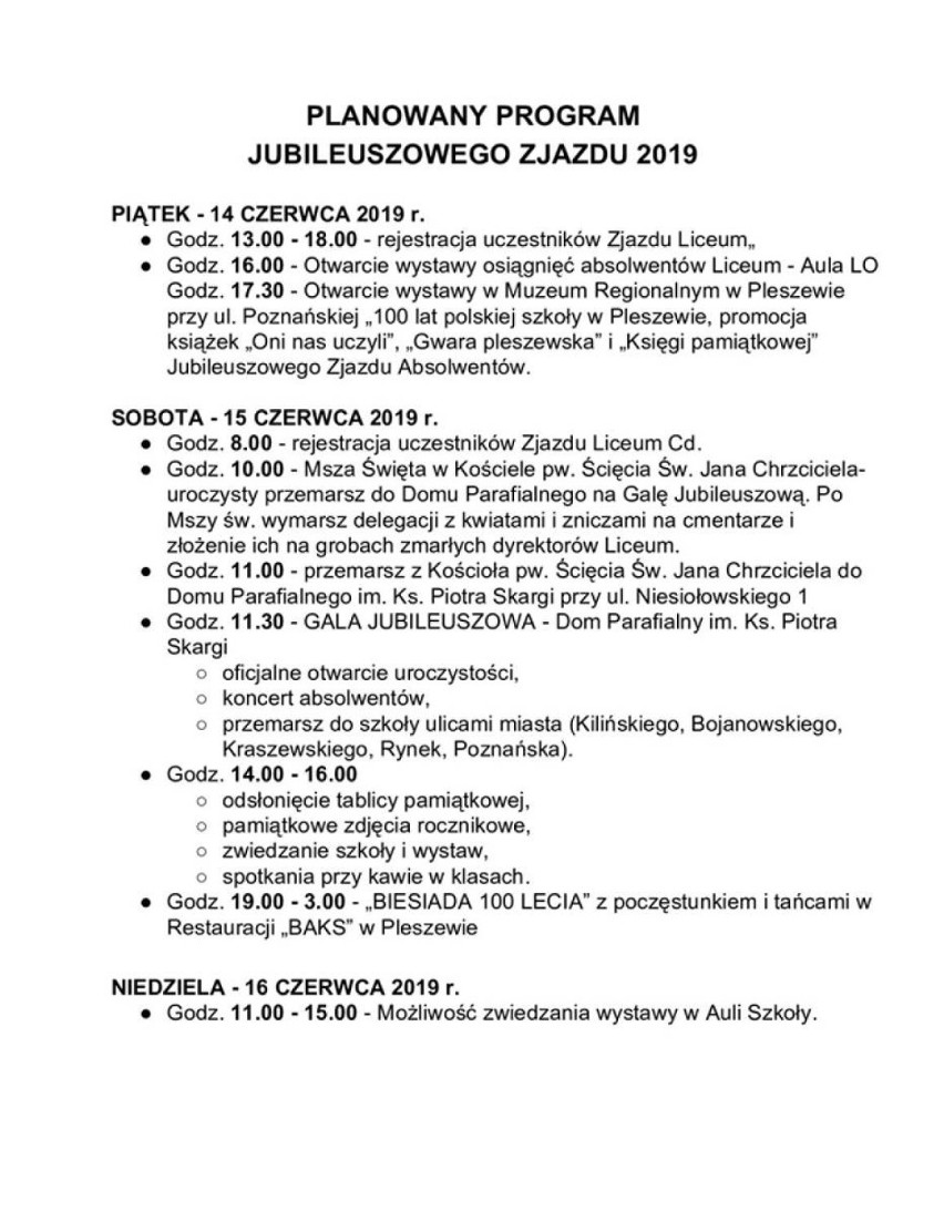 Jubileuszowy Zjazd z okazji 100-lecia pleszewskiego Liceum i Gimnazjum im. Stanisława Staszica w Pleszewie