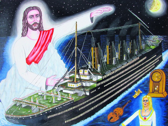 Jeden z obrazów Jamroza przedstawia postać Jezusa obecną podczas tragedii Titanica