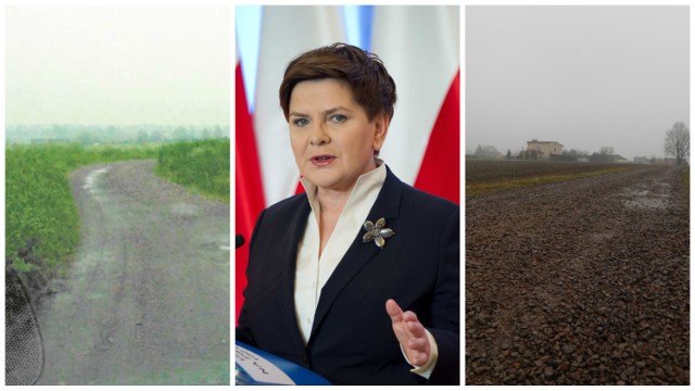 W czerwcu zeszłego roku ulica Groblowa do domu premier Beaty Szydło w Przecieszynie była gruntową drogą przez pola (zdjęcie po lewej). Na przełomie lutego i marca gmina wysypała kamień na ziemię. Drogą jedzie się teraz lepiej, ale i tak tworzą się już dziury (zdjęcie po prawej)