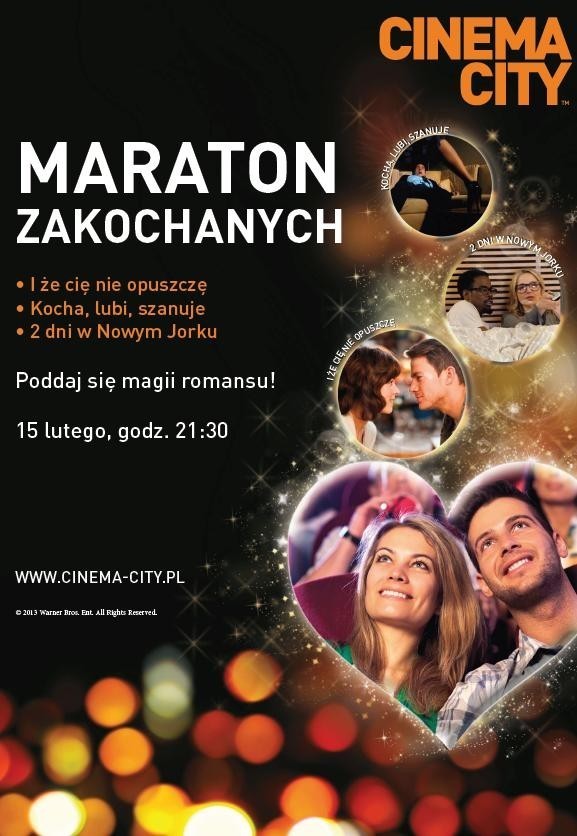 Maraton Zakochanych w Cinema City Mamy dla Was podwójne BILETY! do Cinema City w CH Plaza w Toruniu oraz do Cinema City w Zielonej Górze.Cinema City przedłuża Walentynki!