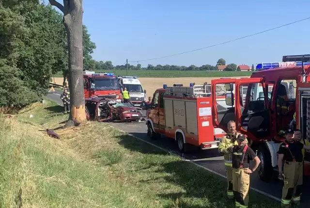 Skoda uderzyła w drzewo. Siła uderzenia była bardzo duża. Kierowca został zakleszczony w pojeździe.