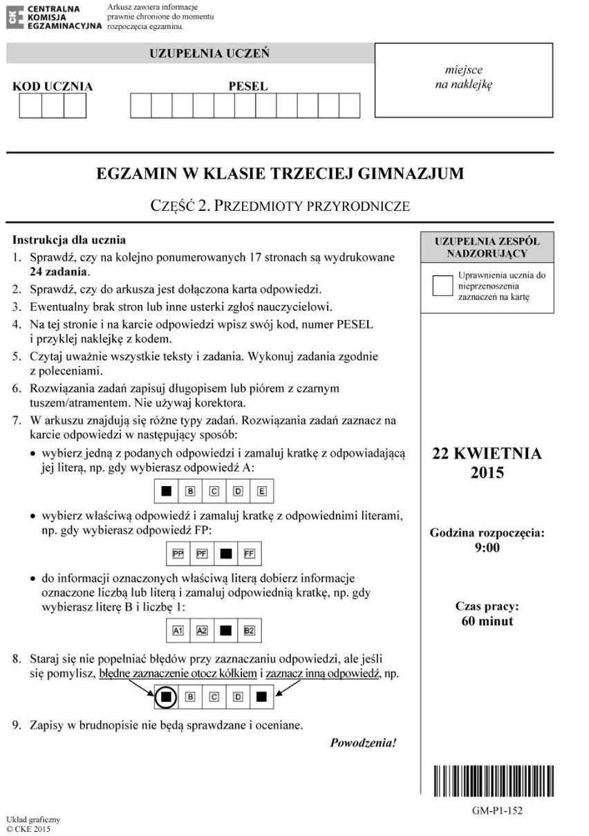 Egzamin gimnazjalny 2015 z matematyki i ścisłych [ARKUSZE PDF, klucz odpowiedzi]