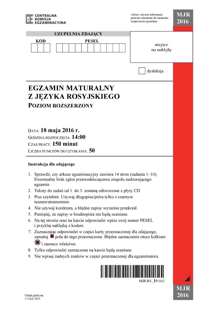 Arkusze CKE z matury z języka rosyjskiego - poz. rozszerzony