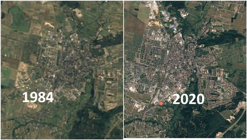 Słupsk na zdjęciach satelitarnych od 1984 do 2020 roku.