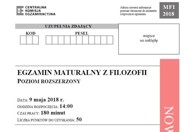 Matura 2018 filozofia, poziom rozszerzony- arkusze CKE, odpowiedzi