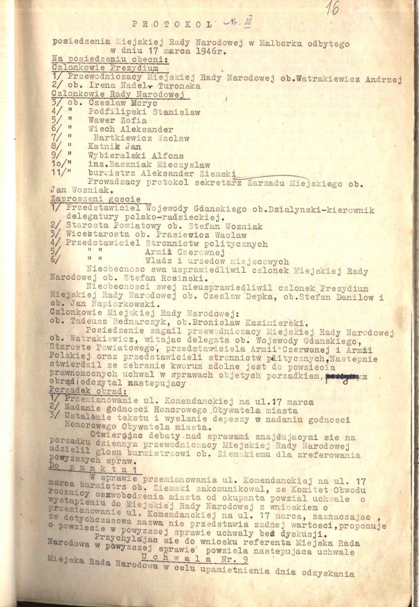 Protokół z posiedzenia Miejskiej Rady Narodowej w Malborku z 17 marca 1946 roku