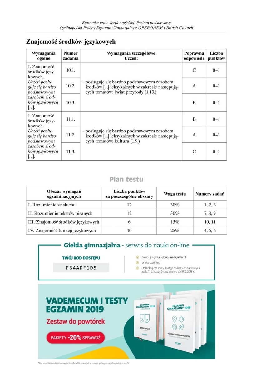 Próbny egzamin gimnazjalny 2018 OPERON: ANGIELSKI PODSTAWOWY