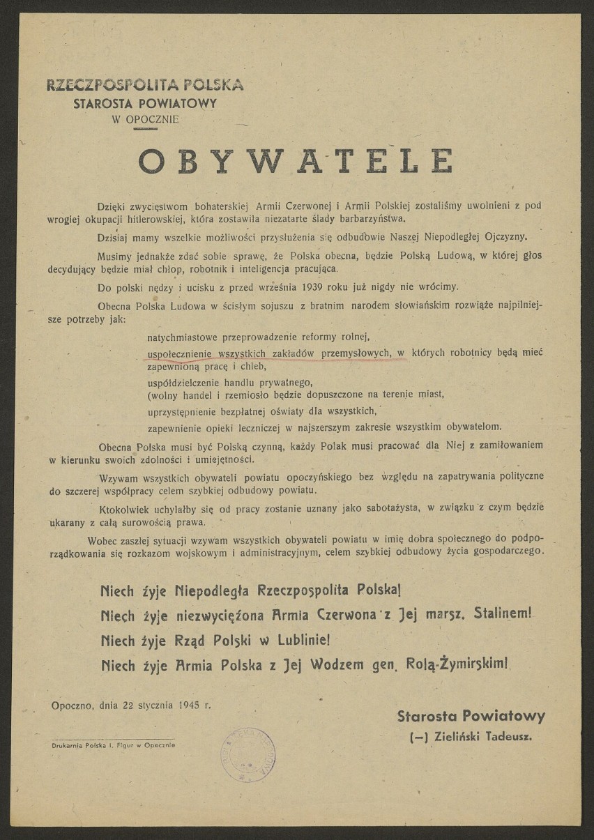 Odezwa starosty powiatowego w Opocznie z 22 stycznia 1945 r.