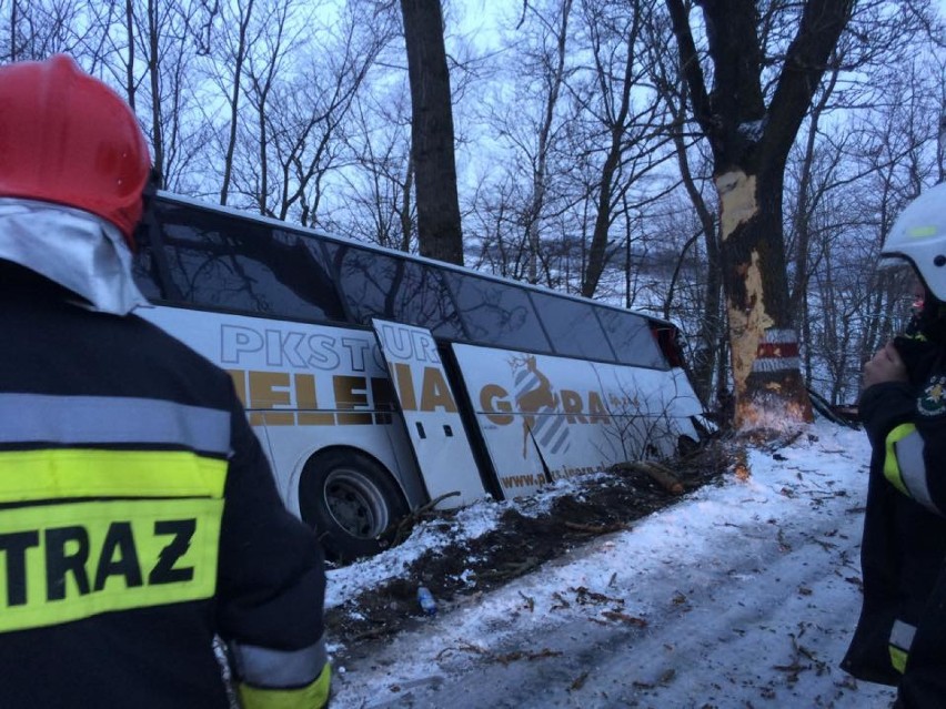 Wypadek autobusu pod Kamienną Górą. Dwie osoby są ranne ZDJĘCIA