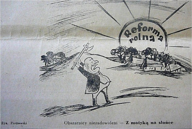 Rysunek satyryczny Mieczysława Piotrowskiego opublikowany w tygodniku społeczno-literackim "Wieś", nr7 z 1 I 1945 r.