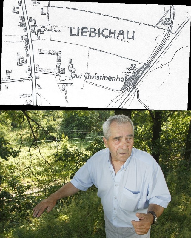Tadeusz Słowikowski i mapa z miejscem gdzie po raz ostatni widziano pociąg widmo, popularnie nazywany złotym pociągiem