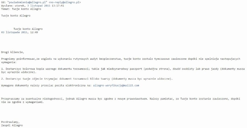 Fałszywe maile z Allegro. Uwaga, nie dajcie się oszukać!