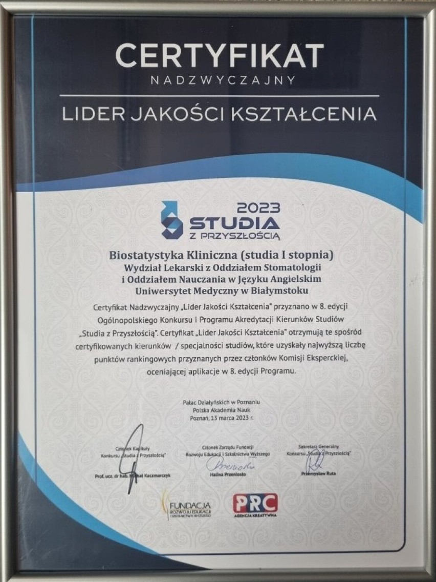 Kierunek Biostatystyka Kliniczna UMB otrzymał certyfikat...