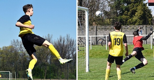 Małopolska Liga Juniorów Starszych: SMS Oświęcim - Beskid Andrychów 3:2. Na zdjęciu: radość Michała Rąpla (z lewej) po zdobyciu trzeciej bramki dla SMS Oświęcim (z prawej)